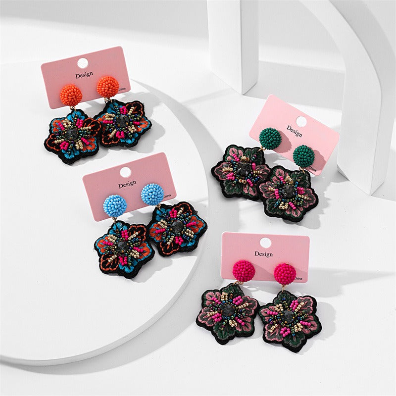 Embroidered fabric handicraft weaving rice bead earrings for women