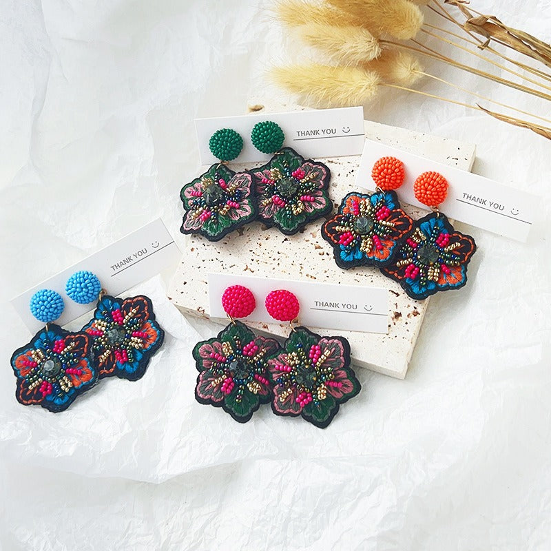 Embroidered fabric handicraft weaving rice bead earrings for women