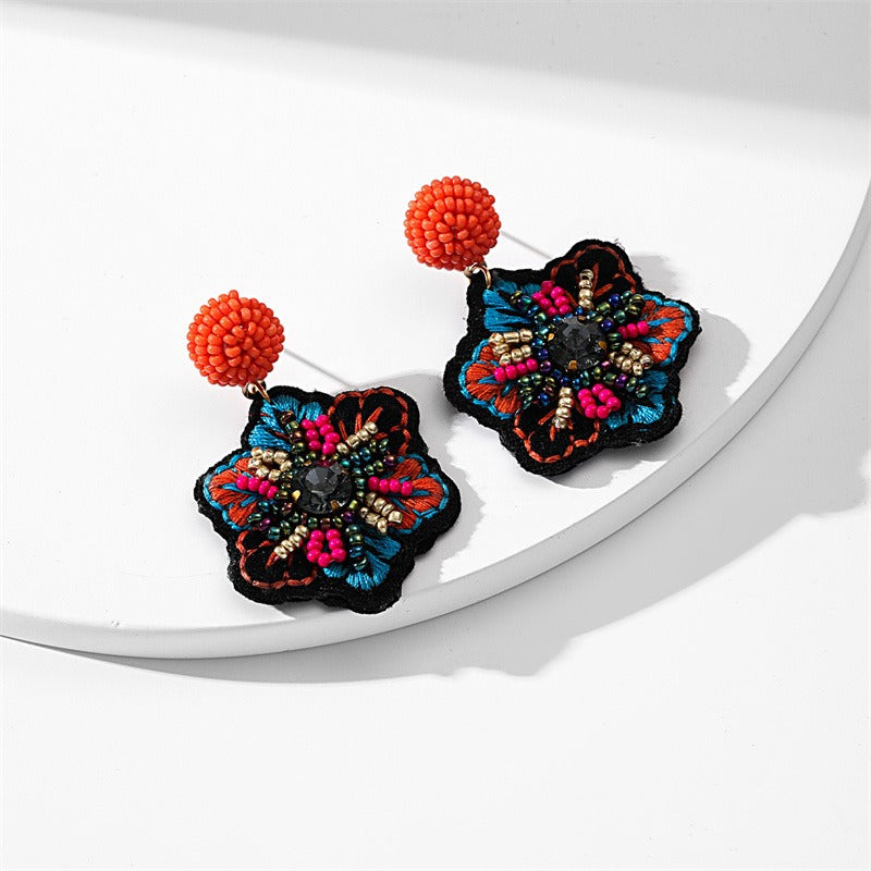 Embroidered fabric handicraft weaving rice bead earrings for women